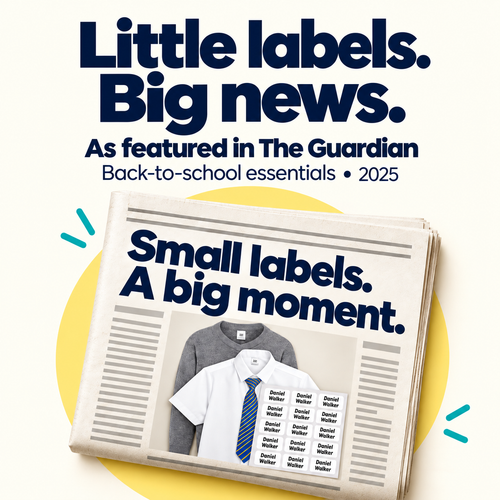 Labels4School’s “As featured in The Guardian” cover, with a newspaper illustration showing school uniform and Daniel Walker name labels.