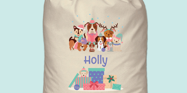 Personalised Santa Sack – Christmas Dogs design, 60 x 73cm, natural canvas-style polyester