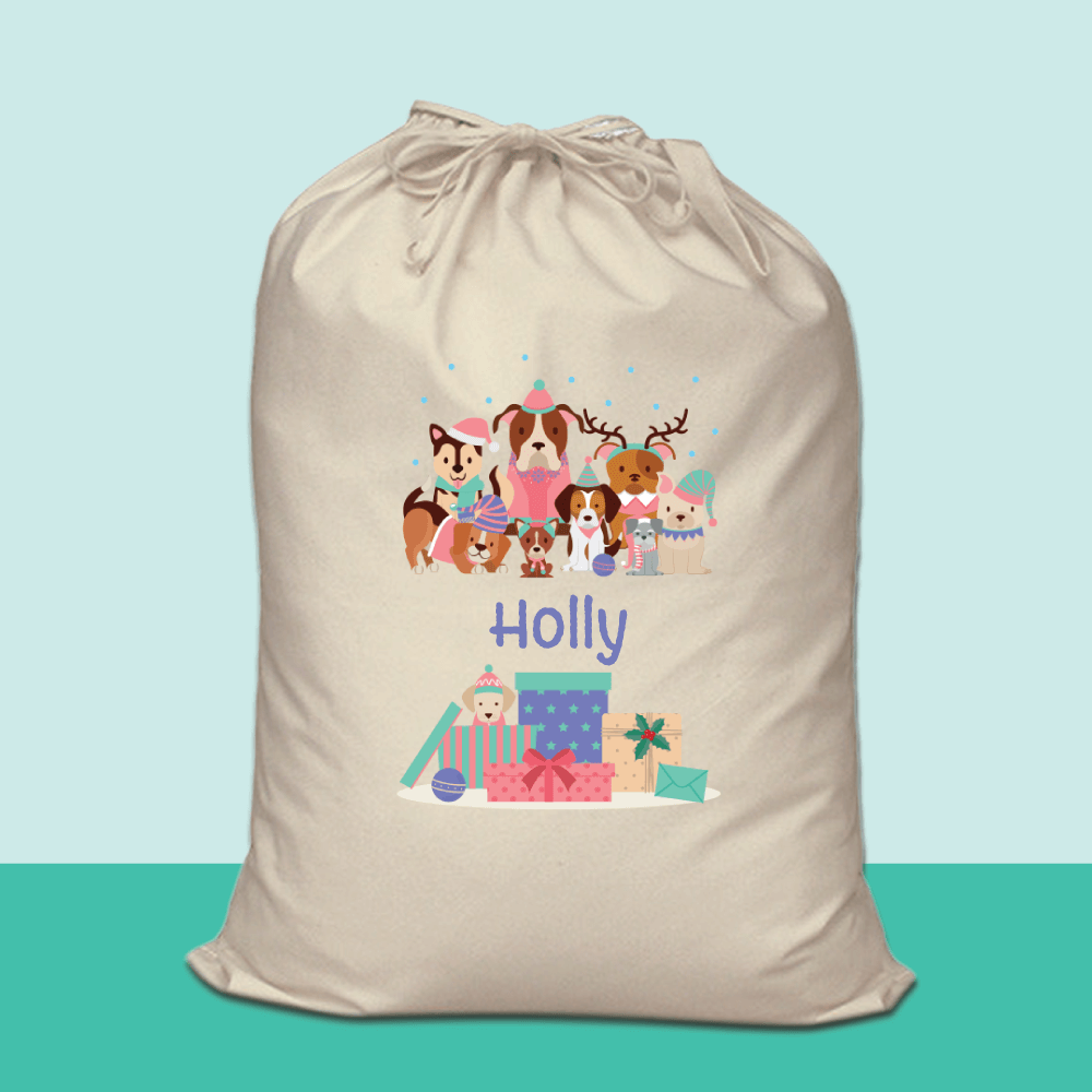 Personalised Santa Sack – Christmas Dogs design, 60 x 73cm, natural canvas-style polyester