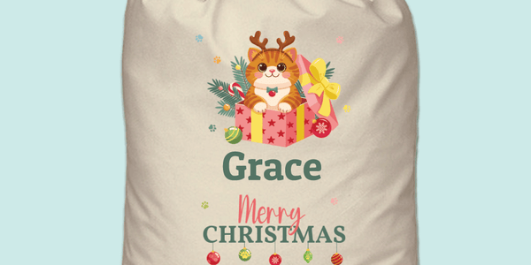 Personalised Santa Sack –Christmas Present Cat design, 60 x 73cm, natural canvas-style polyester