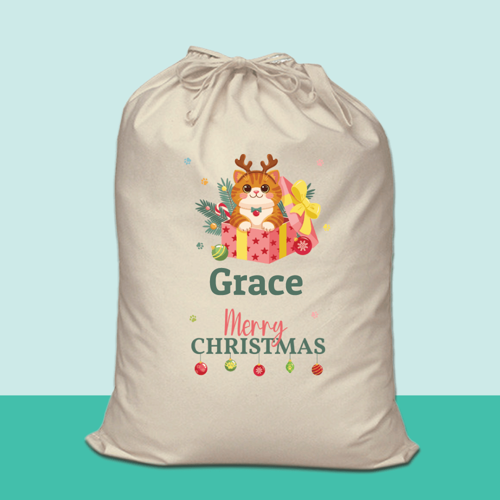Personalised Santa Sack –Christmas Present Cat design, 60 x 73cm, natural canvas-style polyester