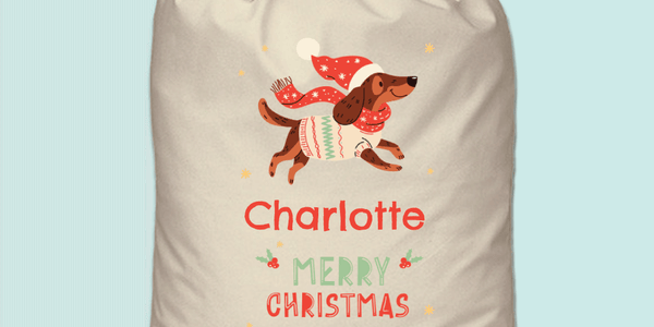 Personalised Santa Sack - Christmas Sausage Dog, 60 x 73cm, natural canvas-style polyester