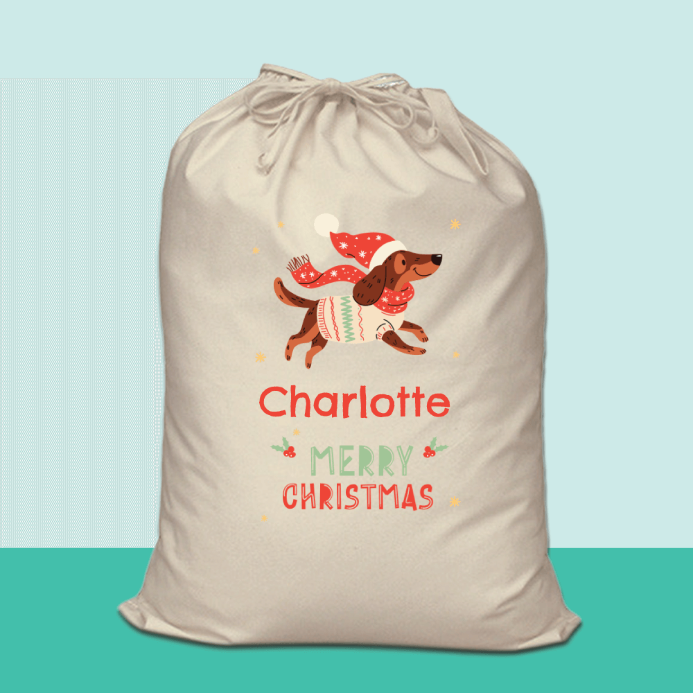 Personalised Santa Sack - Christmas Sausage Dog, 60 x 73cm, natural canvas-style polyester