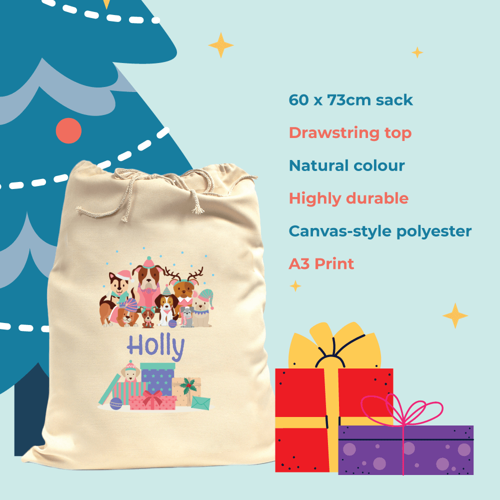 Close-up of Christmas Dogs Santa Sack fabric and drawstring closure, durable canvas polyester