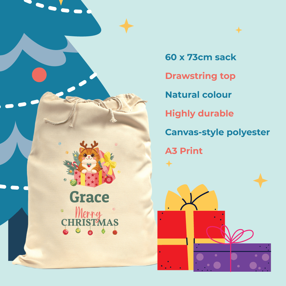 Personalised Christmas Present Cat
 Santa Sack filled with gifts under Christmas tree