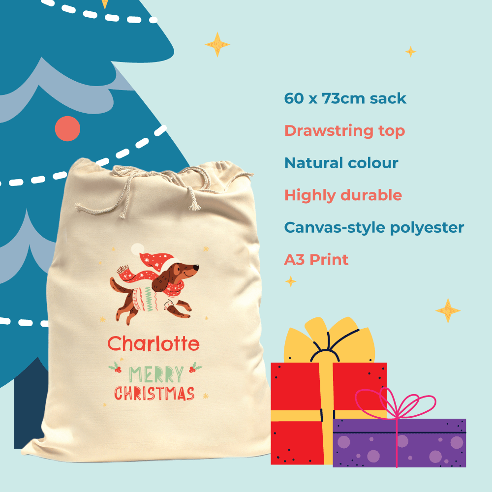 Personalised Christmas Sausage Dog
 Santa Sack filled with gifts under Christmas tree