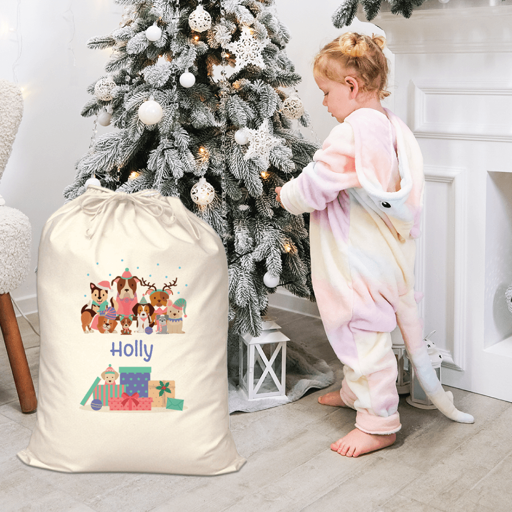 Personalised Christmas Dogs Santa Sack filled with gifts under Christmas tree