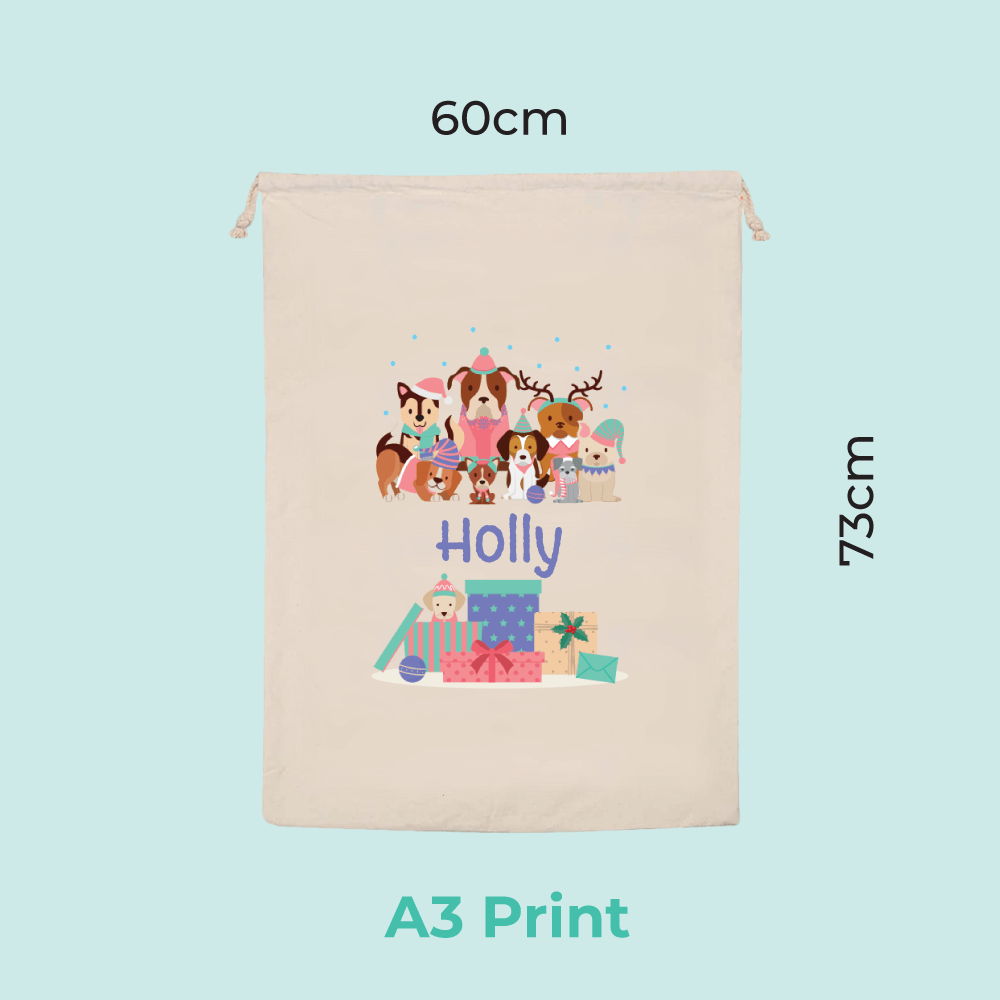 Personalised Christmas Dogs Santa Sack with child’s name printed on canvas