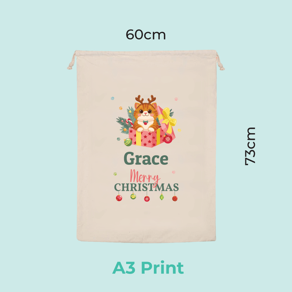 Personalised Christmas Present Cat
 Santa Sack with child’s name printed on canvas