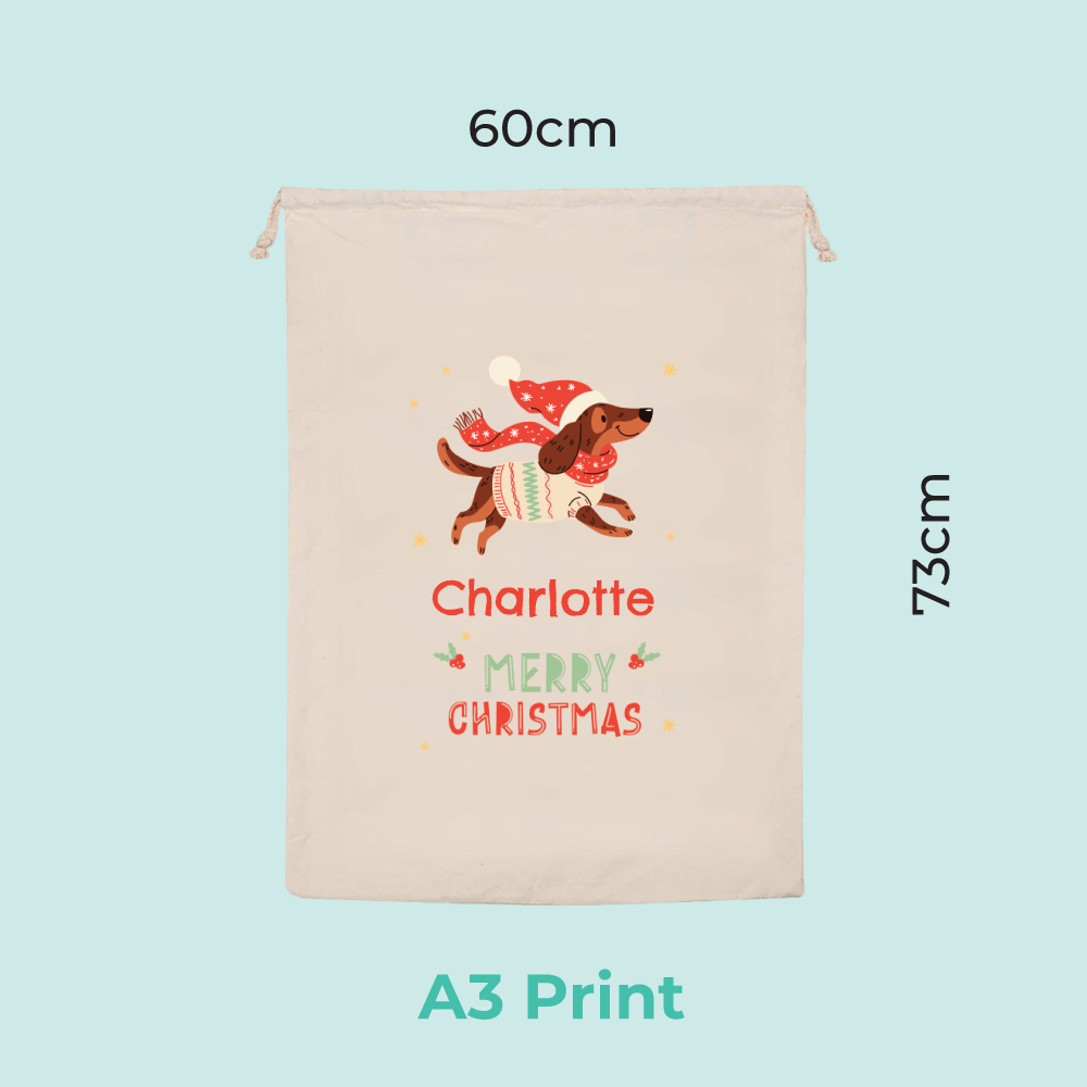 Personalised Christmas Sausage Dog
 Santa Sack with child’s name printed on canvas