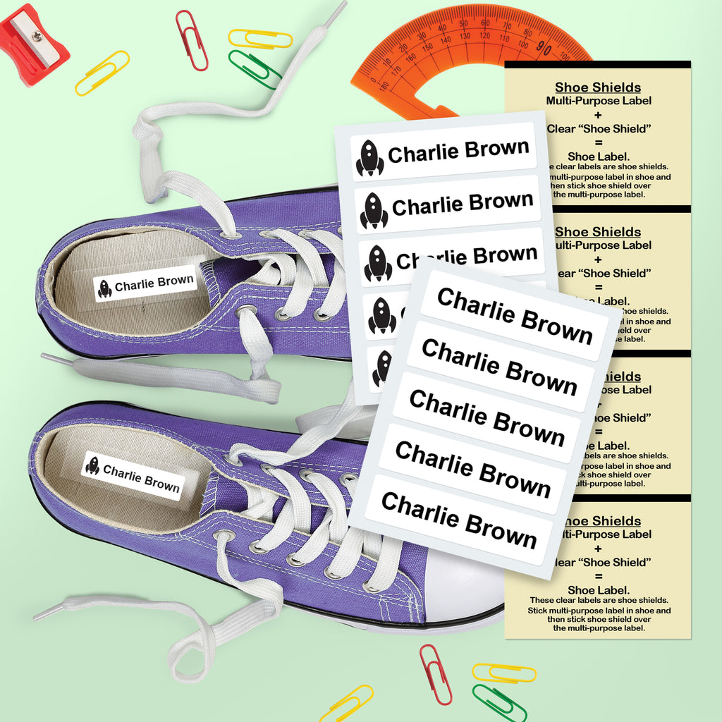 durable shoe name labels in sneaker shoes with protective covers