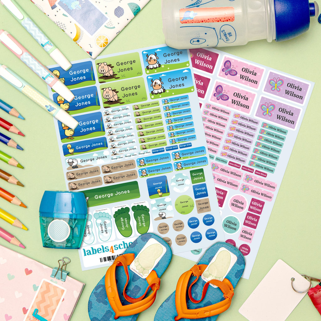 fan display of colour name labels in the mini starter pack farmyard and butterflies theme