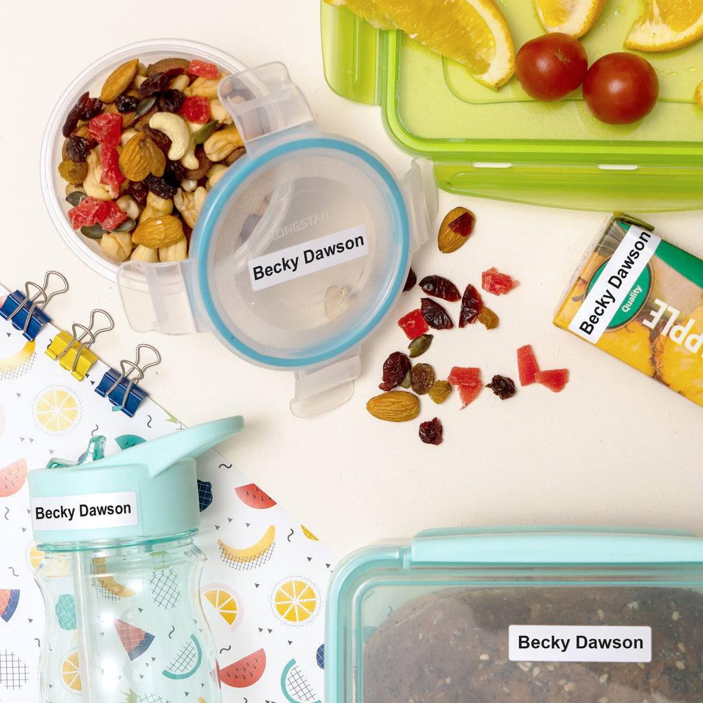 multi purpose name labels on school lunch box and waterproof juice bottle dishwasher safe